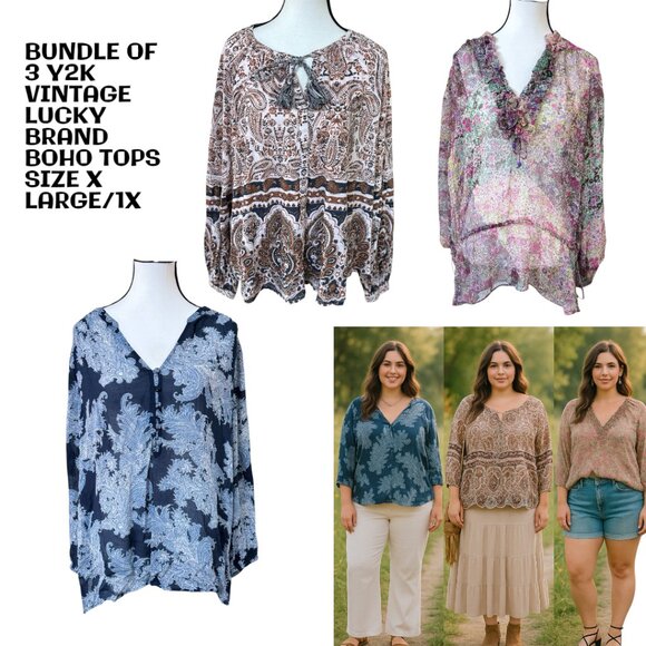 BUNDLE OF 3 VINTAGE LUCKY BRAND Y2K BOHO BLOUSE TOPS X LARGE/1X - Picture 1 of 5